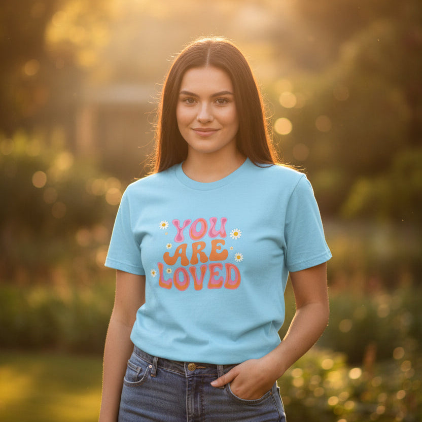 Woman wearing pastel blue ‘You Are Loved’ T‑shirt in sunlit living room.